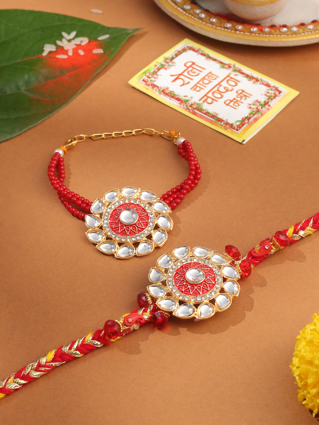 NVR Set of 2 Handmade Red Kundan Studded Floral Design Bhaiya Bhabhi Rakhi with Roli Chawal Chandan & Mishri - Distacart