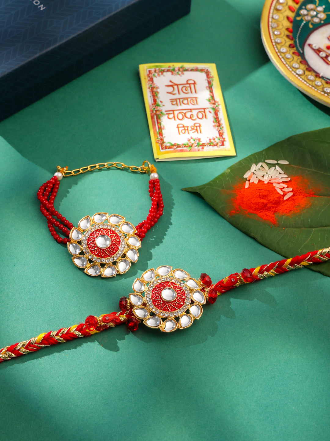 NVR Set of 2 Handmade Red Kundan Studded Floral Design Bhaiya Bhabhi Rakhi with Roli Chawal Chandan & Mishri - Distacart
