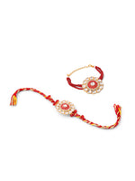 Thumbnail for NVR Set of 2 Handmade Red Kundan Studded Floral Design Bhaiya Bhabhi Rakhi with Roli Chawal Chandan & Mishri