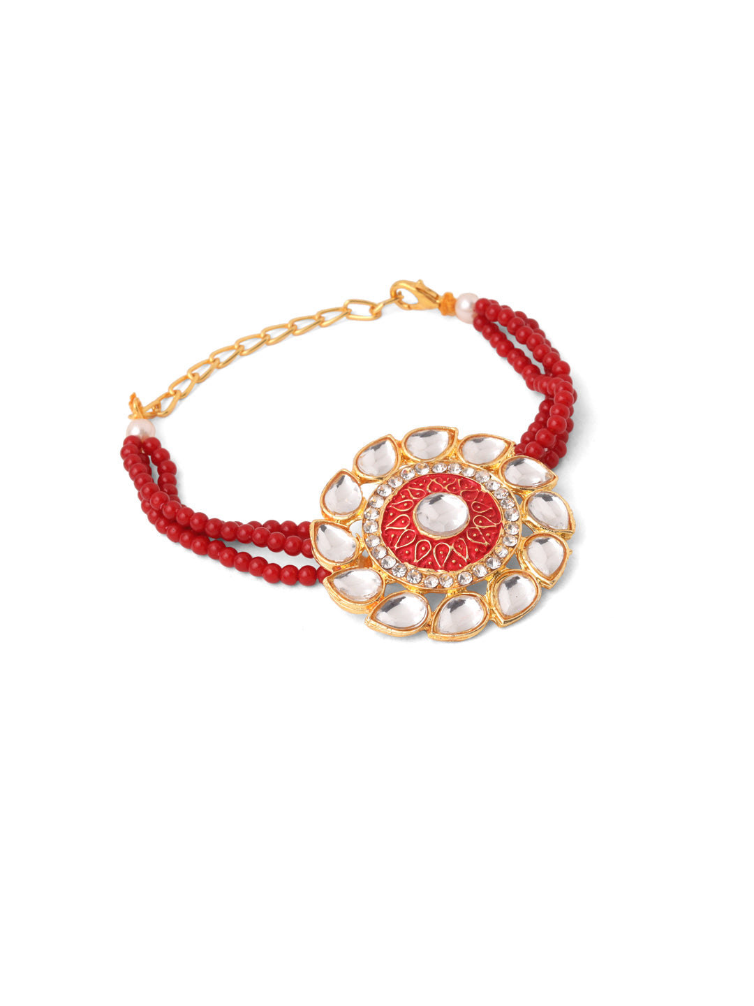 NVR Set of 2 Handmade Red Kundan Studded Floral Design Bhaiya Bhabhi Rakhi with Roli Chawal Chandan & Mishri