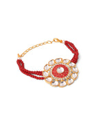 Thumbnail for NVR Set of 2 Handmade Red Kundan Studded Floral Design Bhaiya Bhabhi Rakhi with Roli Chawal Chandan & Mishri