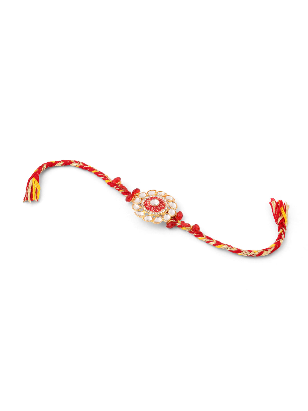 NVR Set of 2 Handmade Red Kundan Studded Floral Design Bhaiya Bhabhi Rakhi with Roli Chawal Chandan & Mishri