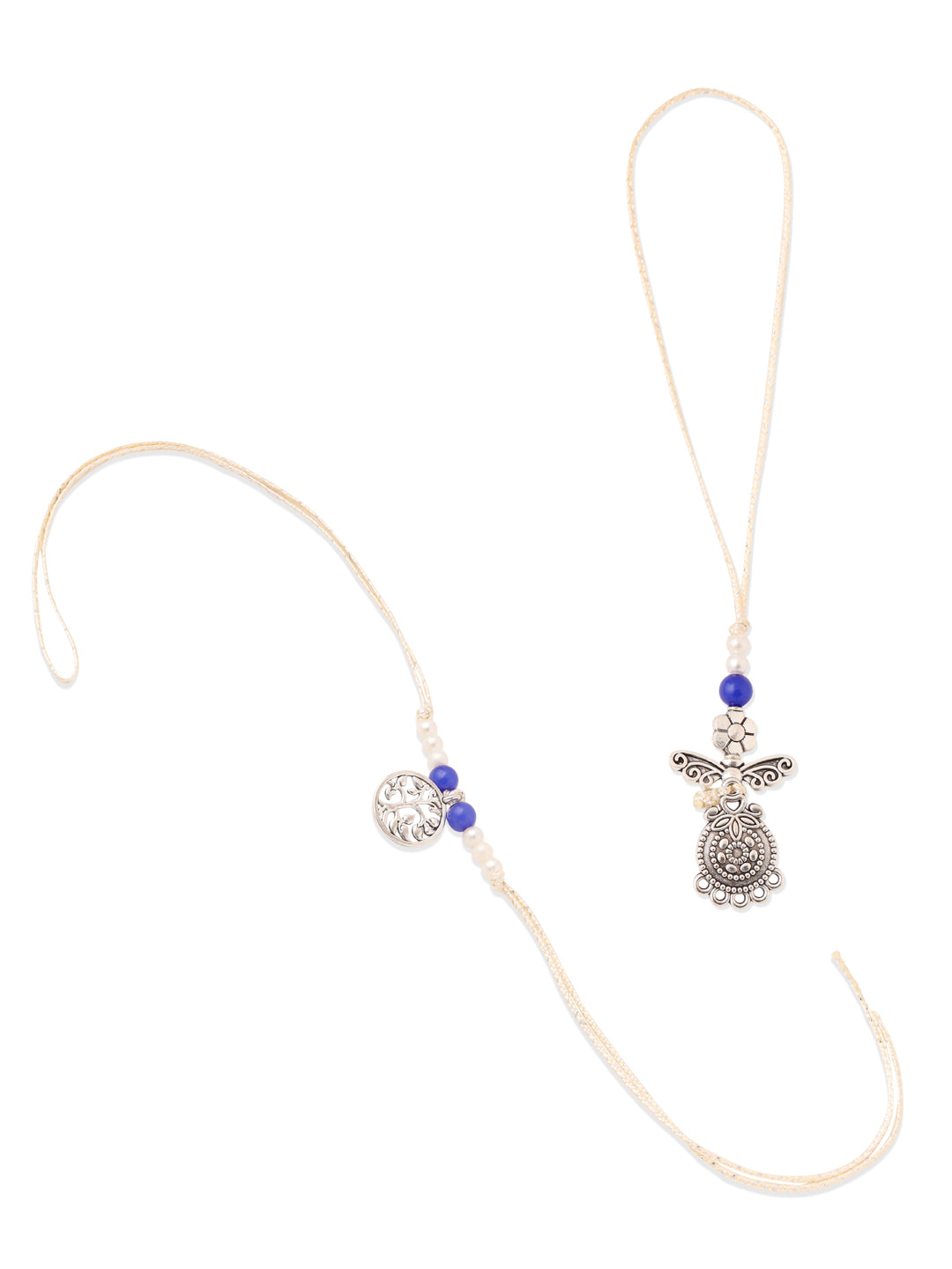 NVR Set of 2 Silver Toned Pearls & Beads Bhaiya Bhabhi Rakhi Combo
