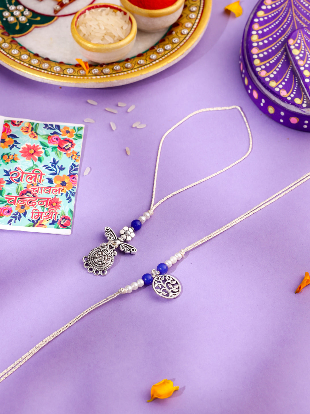 NVR Set of 2 Silver Toned Pearls & Beads Bhaiya Bhabhi Rakhi with Roli Chawal Chandan & Mishri - Distacart