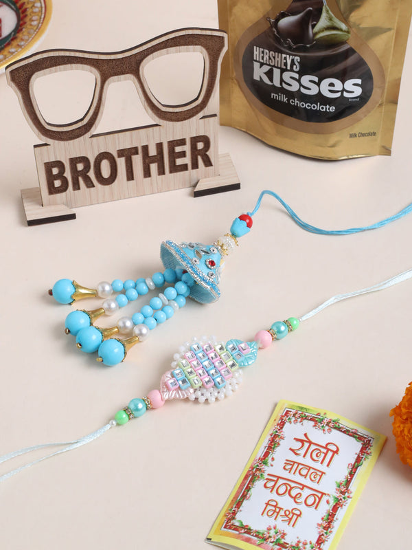 NVR Set of 2 Blue & Pink Artificial Stones & Beads Bhaiya Bhabhi Rakhi Combo