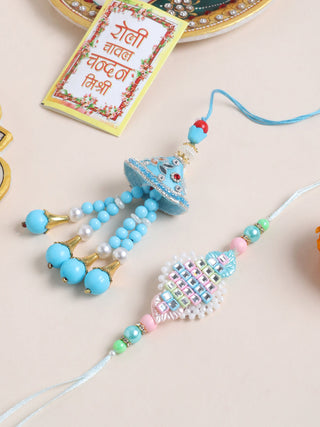 NVR Set of 2 Blue & Pink Artificial Stones & Beads Bhaiya Bhabhi Rakhi with Roli Chawal Chandan & Mishri - Distacart