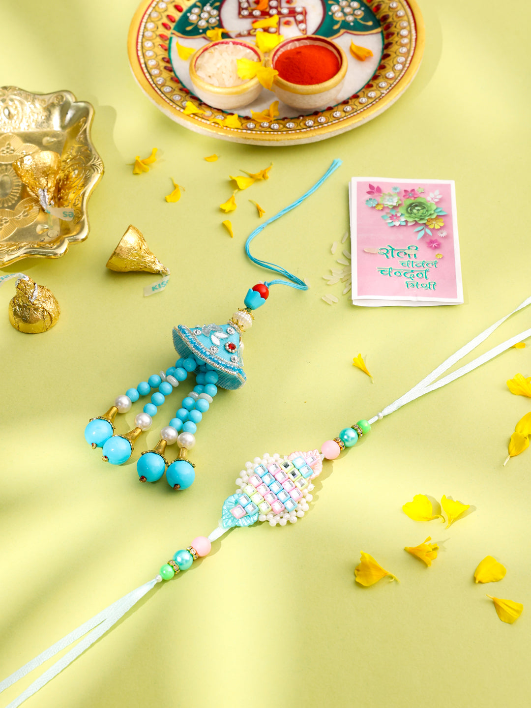 NVR Set of 2 Blue & Pink Artificial Stones & Beads Bhaiya Bhabhi Rakhi with Roli Chawal Chandan & Mishri - Distacart