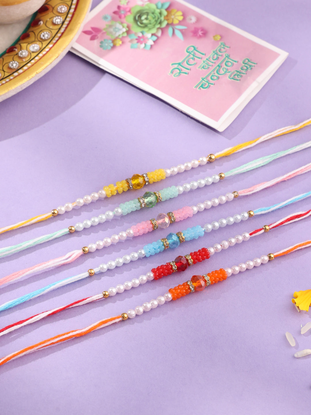 NVR Men Set of 6 Multicolor Artificial Stones & Pearls Rakhi with Roli Chawal Chandan & Mishri - Distacart
