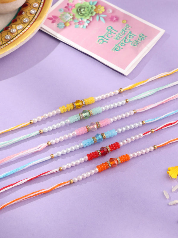 NVR Men Set of 6 Multicolor Artificial Stones & Pearls Rakhi with Roli Chawal Chandan & Mishri