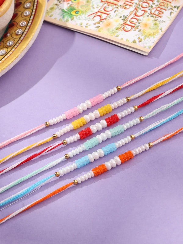 NVR Men Set of 6 Multicolor Pearls Thread Rakhi with Roli Chawal Chandan & Mishri