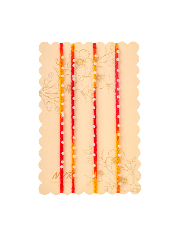 NVR Men Set of 4 Pearls Traditional Red Thread Rakhi with Roli Chawal Chandan & Mishri