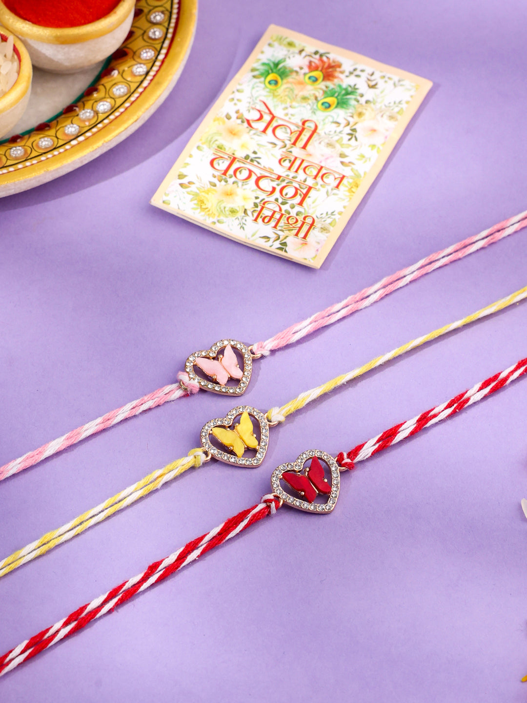 NVR Men Set of 3 Heart Shape Multicolor Artificial Stones Thread Rakhi with Roli Chawal Chandan & Mishri - Distacart
