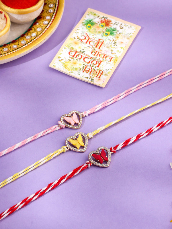 NVR Men Set of 3 Heart Shape Multicolor Artificial Stones Thread Rakhi with Roli Chawal Chandan & Mishri