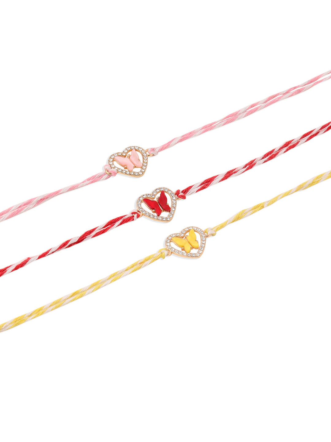 NVR Men Set of 3 Heart Shape Multicolor Artificial Stones Thread Rakhi with Roli Chawal Chandan & Mishri
