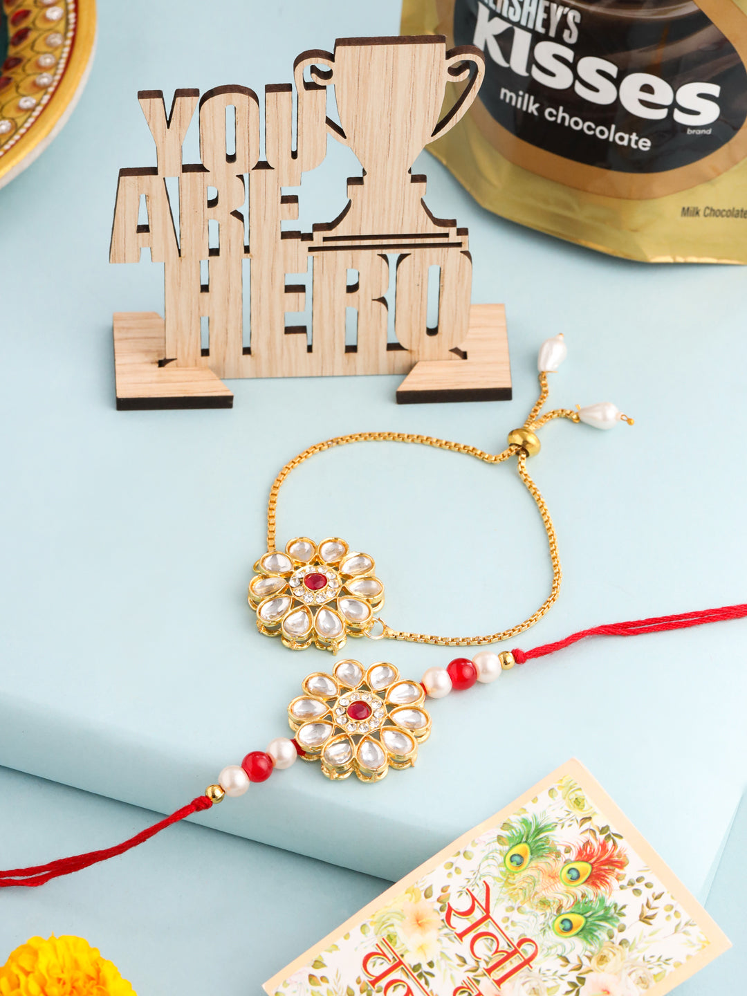 NVR Set of 2 Gold Toned Kundan Studded Floral Design Bhaiya Bhabhi Rakhi Combo - Distacart