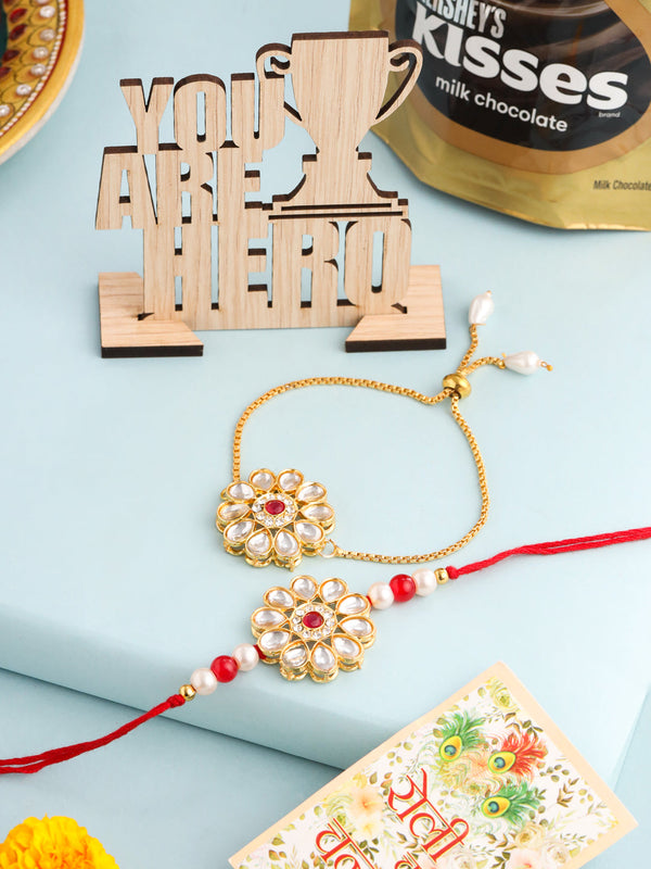 NVR Set of 2 Gold Toned Kundan Studded Floral Design Bhaiya Bhabhi Rakhi Combo