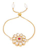 Thumbnail for NVR Set of 2 Gold Toned Kundan Studded Floral Design Bhaiya Bhabhi Rakhi Set with Roli Chawal Chandan & Mishri