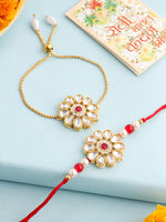 Thumbnail for NVR Set of 2 Gold Toned Kundan Studded Floral Design Bhaiya Bhabhi Rakhi Set with Roli Chawal Chandan & Mishri