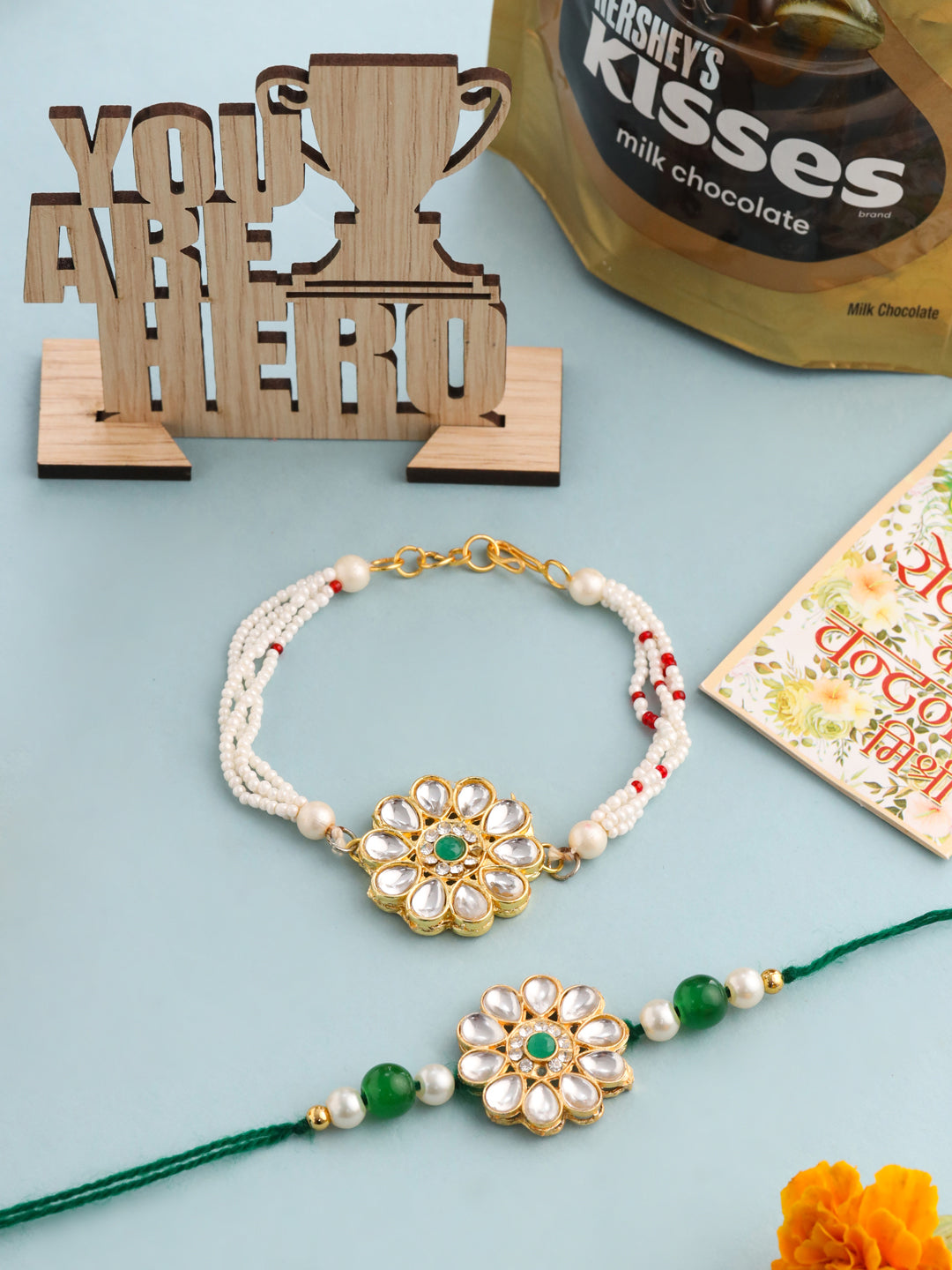 NVR Set of 2 Kundan Studded Floral Design Gold Toned Bhaiya Bhabhi Rakhi Combo - Distacart