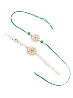 Thumbnail for NVR Set of 2 Kundan Studded Floral Design Gold Toned Bhaiya Bhabhi Rakhi Set with Roli Chawal Chandan & Mishri