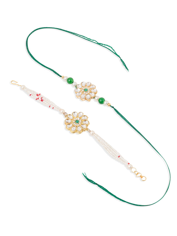 NVR Set of 2 Kundan Studded Floral Design Gold Toned Bhaiya Bhabhi Rakhi Set with Roli Chawal Chandan & Mishri