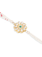 Thumbnail for NVR Set of 2 Kundan Studded Floral Design Gold Toned Bhaiya Bhabhi Rakhi Set with Roli Chawal Chandan & Mishri