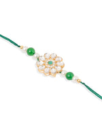 Thumbnail for NVR Set of 2 Kundan Studded Floral Design Gold Toned Bhaiya Bhabhi Rakhi Set with Roli Chawal Chandan & Mishri