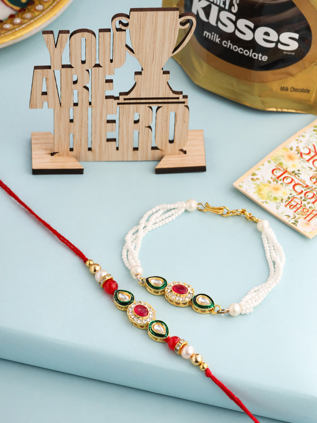 NVR Set of 2 Multicolor Oval Shape Kundan Studded & Beads Bhaiya Bhabhi Rakhi Combo - Distacart