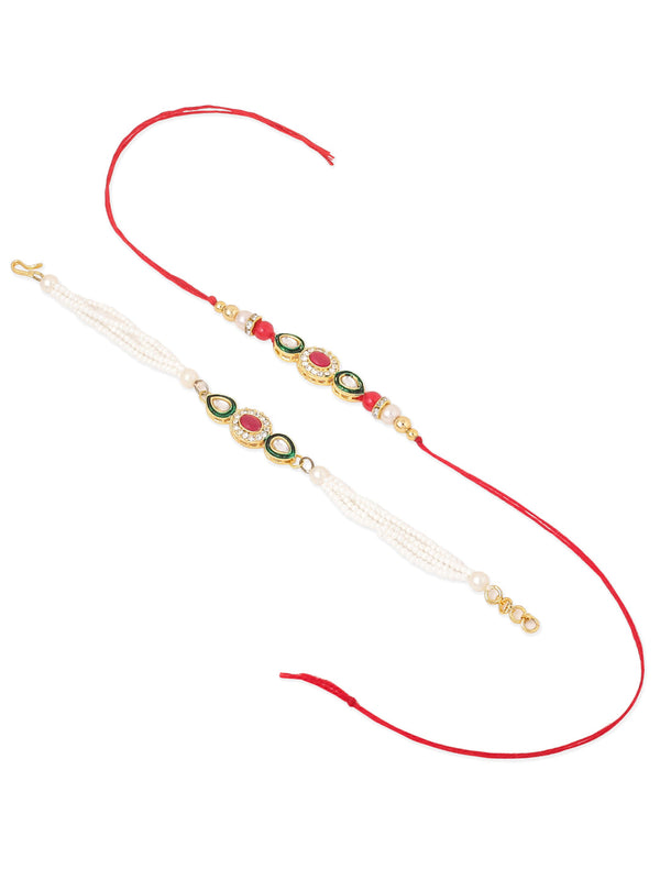 NVR Set of 2 Multicolor Oval Shape Kundan Studded & Beads Bhaiya Bhabhi Rakhi Combo