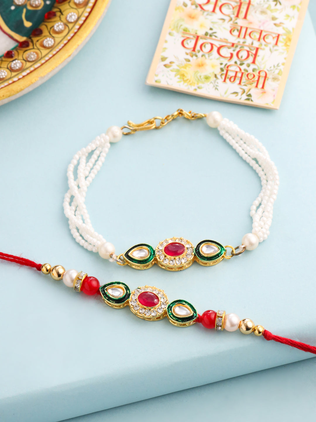 NVR Set of 2 Multicolor Oval Shape Kundan Studded & Beads Bhaiya Bhabhi Rakhi with Roli Chawal Chandan & Mishri - Distacart