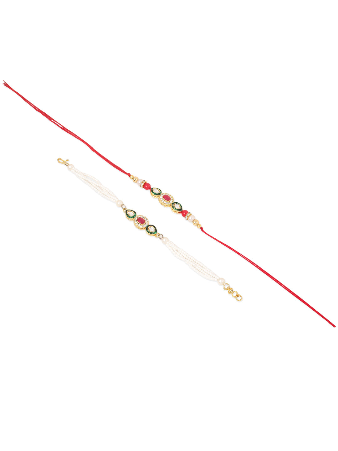 NVR Set of 2 Multicolor Oval Shape Kundan Studded & Beads Bhaiya Bhabhi Rakhi with Roli Chawal Chandan & Mishri