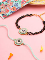 Thumbnail for NVR Set of 2 Green Round Shape Artificial Stones Bhaiya Bhabhi Rakhi with Roli Chawal Chandan & Mishri
