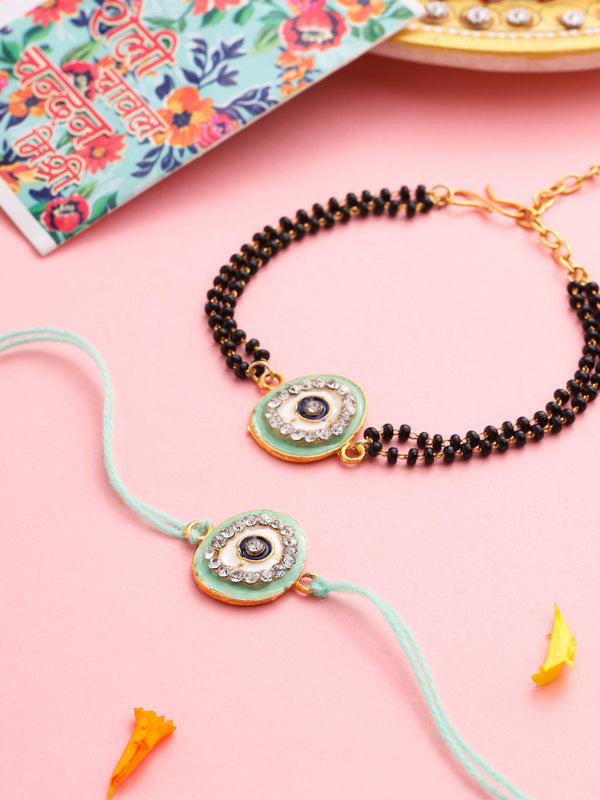 NVR Set of 2 Green Round Shape Artificial Stones Bhaiya Bhabhi Rakhi with Roli Chawal Chandan & Mishri