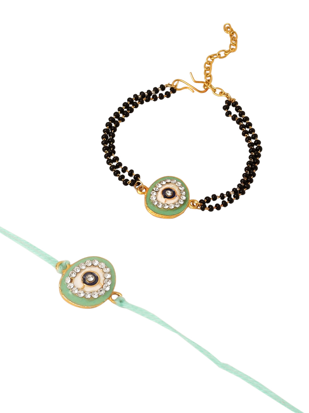 NVR Set of 2 Green Round Shape Artificial Stones Bhaiya Bhabhi Rakhi with Roli Chawal Chandan & Mishri