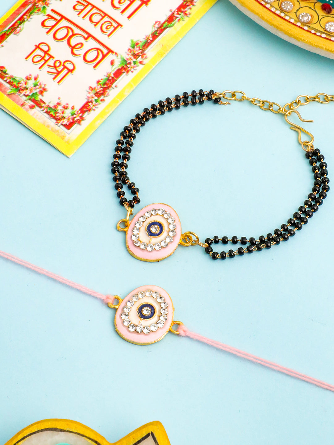 NVR Set of 2 Pink Round Shape Artificial Stones Bhaiya Bhabhi Rakhi with Roli Chawal Chandan & Mishri - Distacart