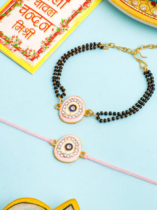 NVR Set of 2 Pink Round Shape Artificial Stones Bhaiya Bhabhi Rakhi with Roli Chawal Chandan & Mishri