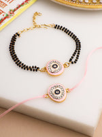Thumbnail for NVR Set of 2 Pink Round Shape Artificial Stones Bhaiya Bhabhi Rakhi with Roli Chawal Chandan & Mishri