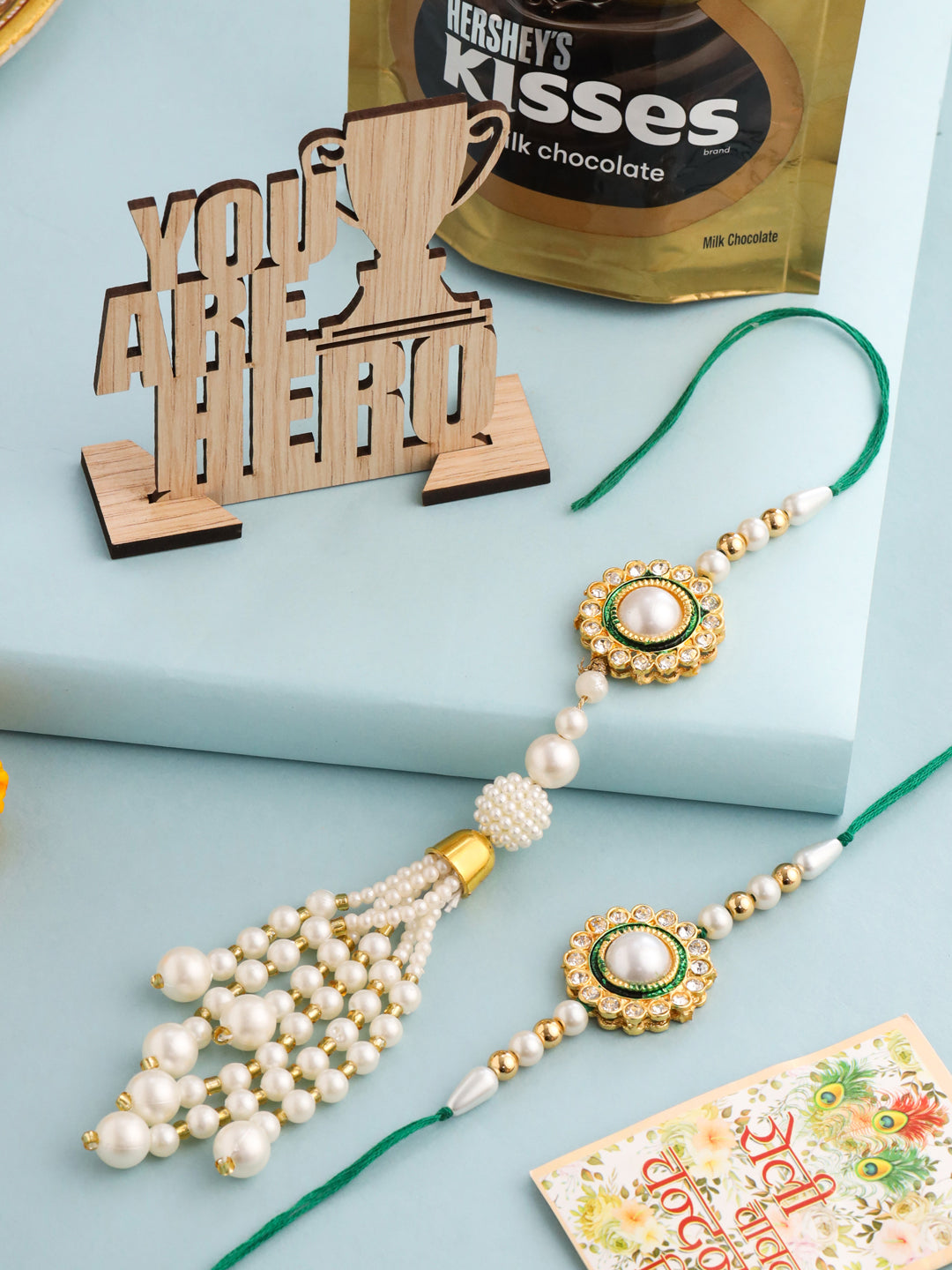 NVR Set of 2 White & Green Stone Studded Handcrafted Bhaiya Bhabhi Thread Rakhi Combo - Distacart