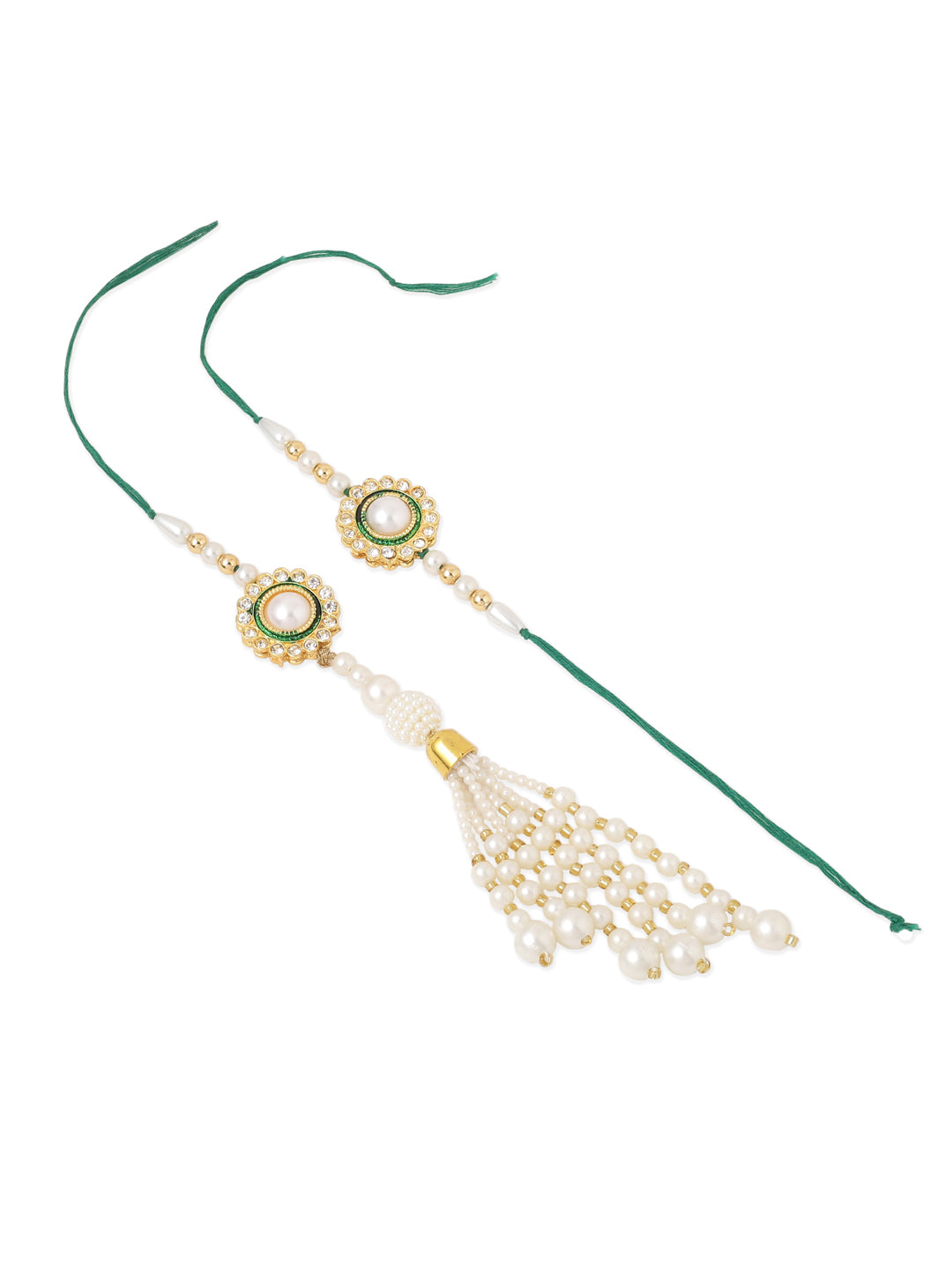 NVR Set of 2 White & Green Stone Studded Handcrafted Bhaiya Bhabhi Thread Rakhi Combo