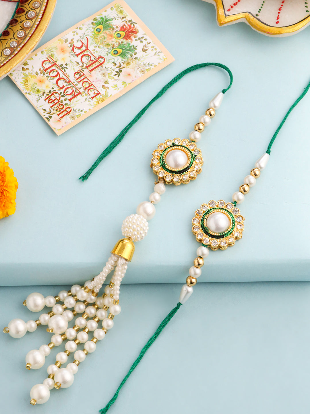 NVR Set of 2 White & Green Stone Studded Handcrafted Bhaiya Bhabhi Thread Rakhi with Roli Chawal Chandan & Mishri - Distacart