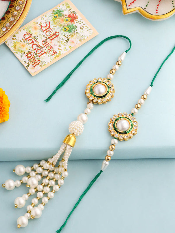 NVR Set of 2 White & Green Stone Studded Handcrafted Bhaiya Bhabhi Thread Rakhi with Roli Chawal Chandan & Mishri