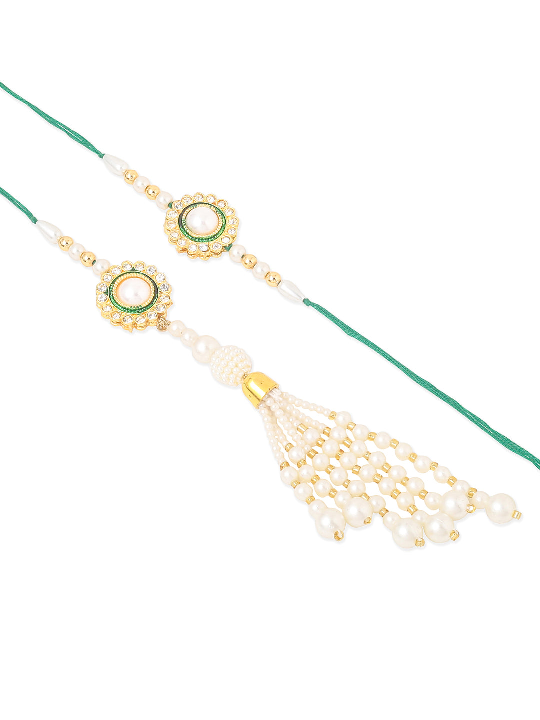 NVR Set of 2 White & Green Stone Studded Handcrafted Bhaiya Bhabhi Thread Rakhi with Roli Chawal Chandan & Mishri - Distacart