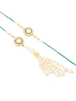 Thumbnail for NVR Set of 2 White & Green Stone Studded Handcrafted Bhaiya Bhabhi Thread Rakhi with Roli Chawal Chandan & Mishri