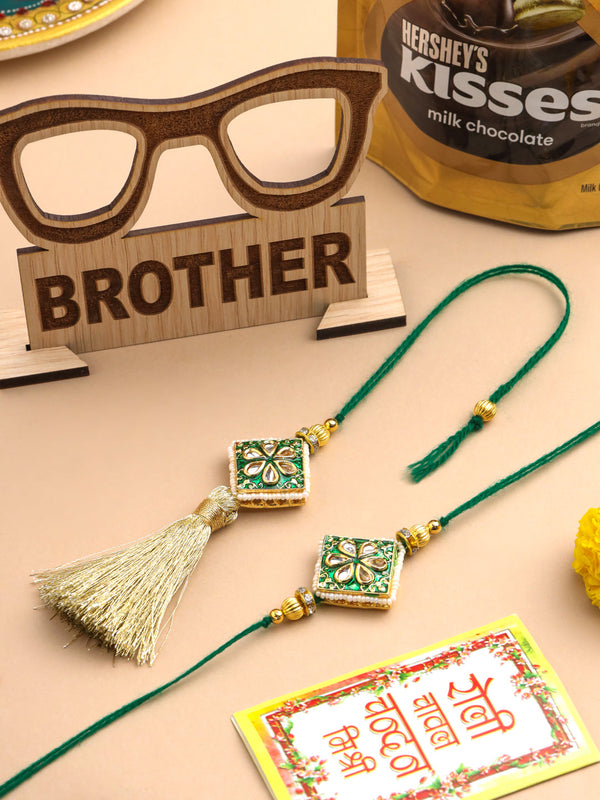 NVR Set of 2 Handmade Green Kundan Studded Bhaiya Bhabhi Rakhi Set, Combo for Rakshabandhan