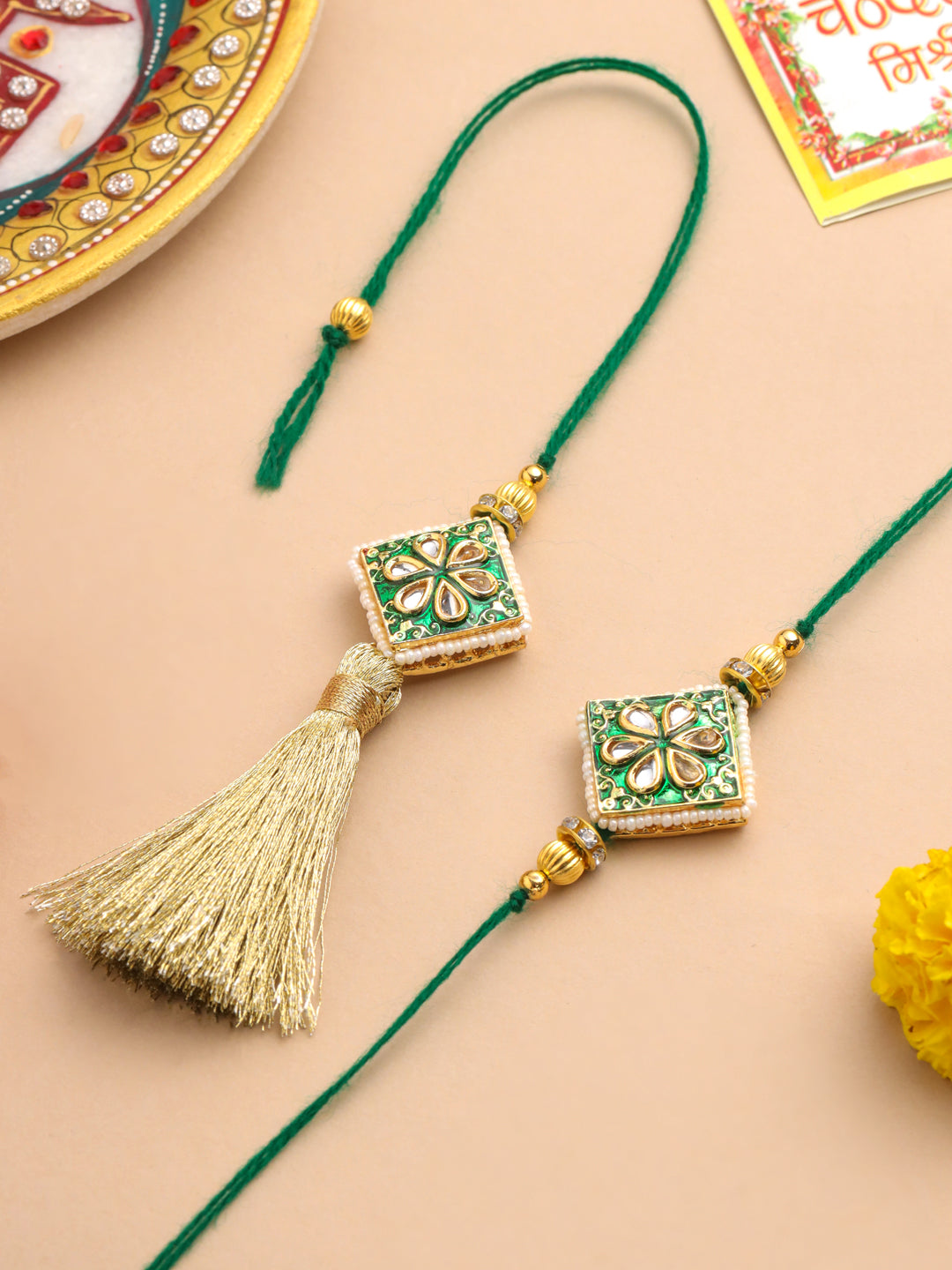 NVR Set of 2 Handmade Green Kundan Studded Bhaiya Bhabhi Rakhi Set with Roli Chawal Chandan & Mishri - Distacart