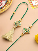Thumbnail for NVR Set of 2 Handmade Green Kundan Studded Bhaiya Bhabhi Rakhi Set with Roli Chawal Chandan & Mishri