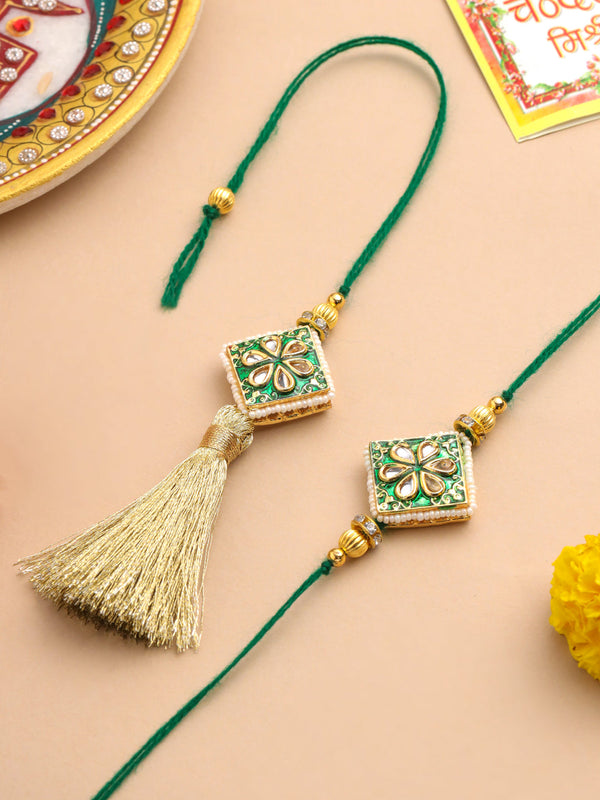 NVR Set of 2 Handmade Green Kundan Studded Bhaiya Bhabhi Rakhi Set with Roli Chawal Chandan & Mishri