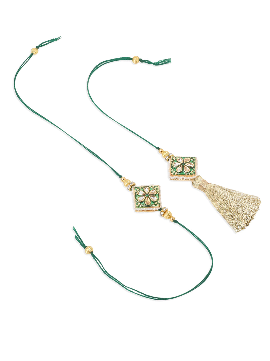 NVR Set of 2 Handmade Green Kundan Studded Bhaiya Bhabhi Rakhi Set with Roli Chawal Chandan & Mishri