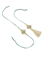 Thumbnail for NVR Set of 2 Handmade Green Kundan Studded Bhaiya Bhabhi Rakhi Set with Roli Chawal Chandan & Mishri