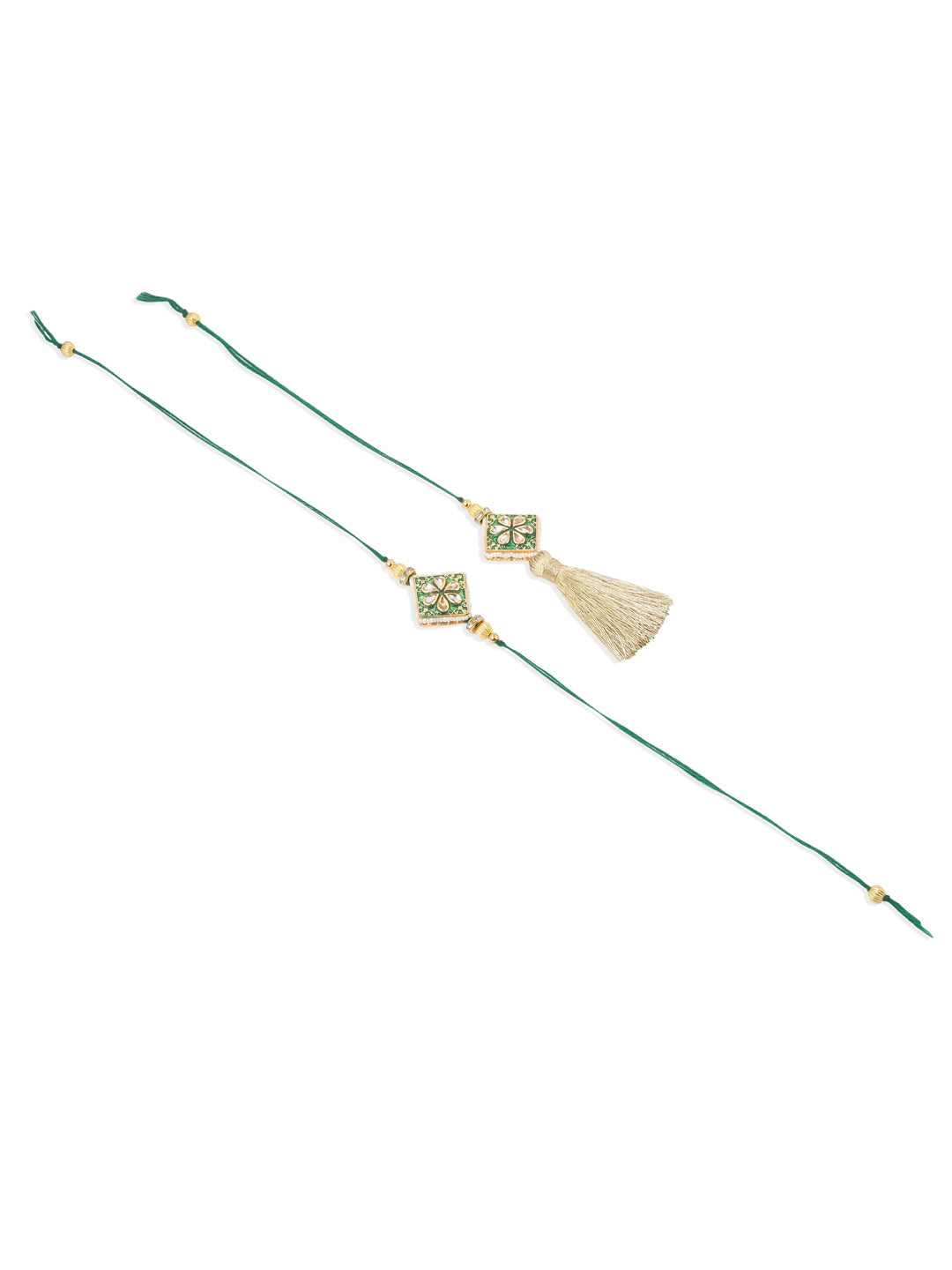 NVR Set of 2 Handmade Green Kundan Studded Bhaiya Bhabhi Rakhi Set with Roli Chawal Chandan & Mishri